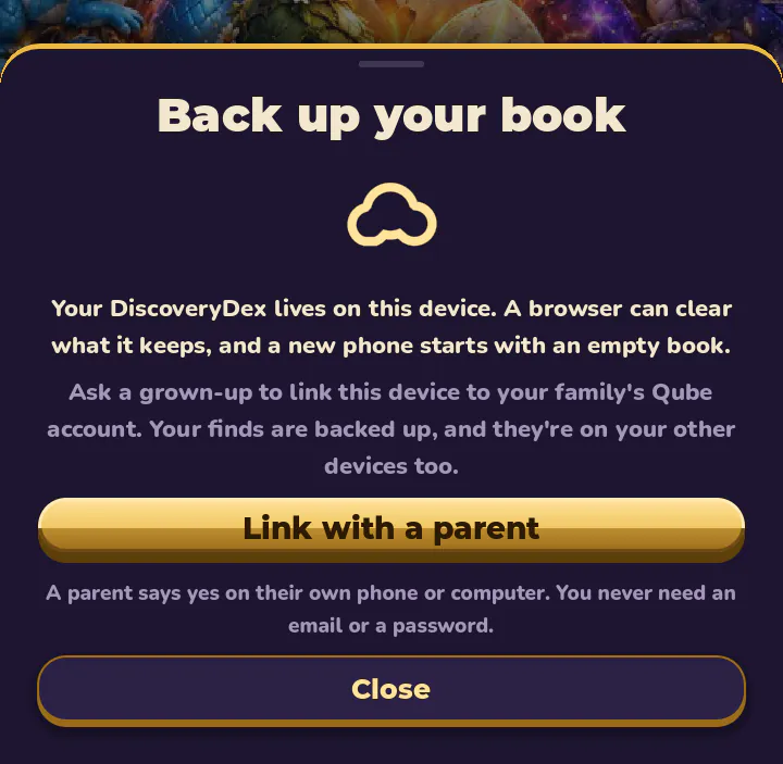 The game's Back up your book sheet, with a gold Link with a parent button