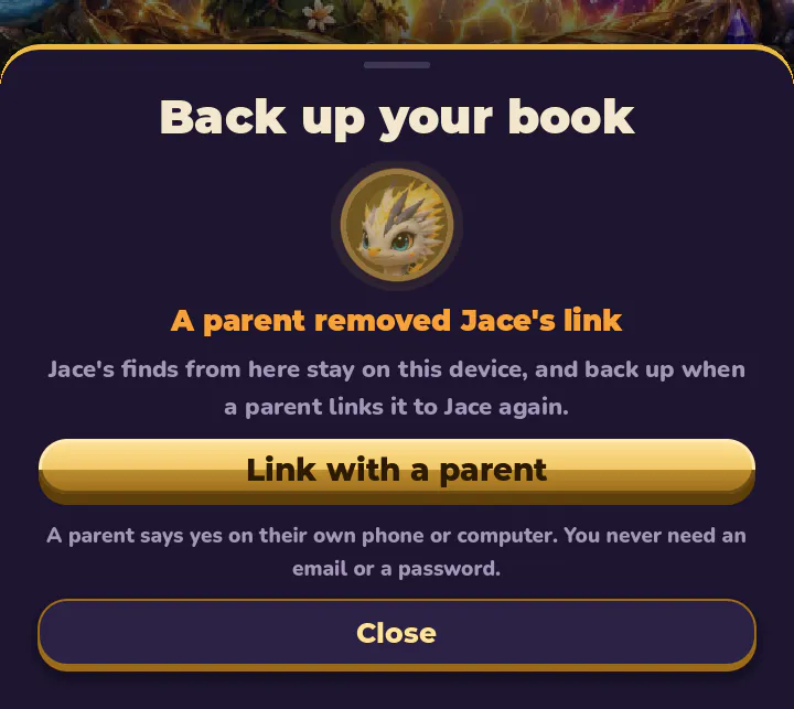 What the device shows afterwards: A parent removed Jace's link
