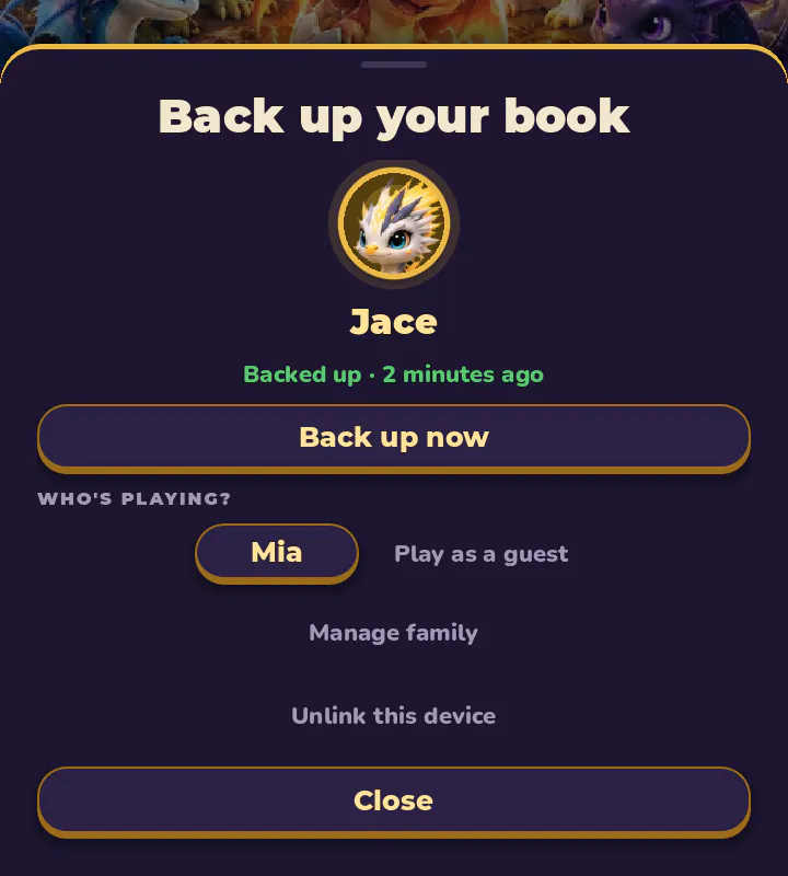 Who's playing? on a shared tablet: Jace is playing, with Mia and Play as a guest to choose from