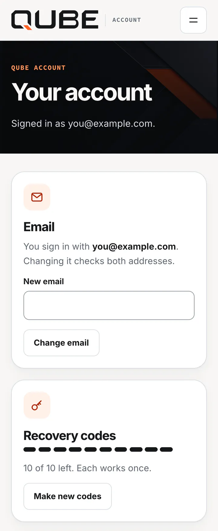 Your account: your email, and how many recovery codes are left