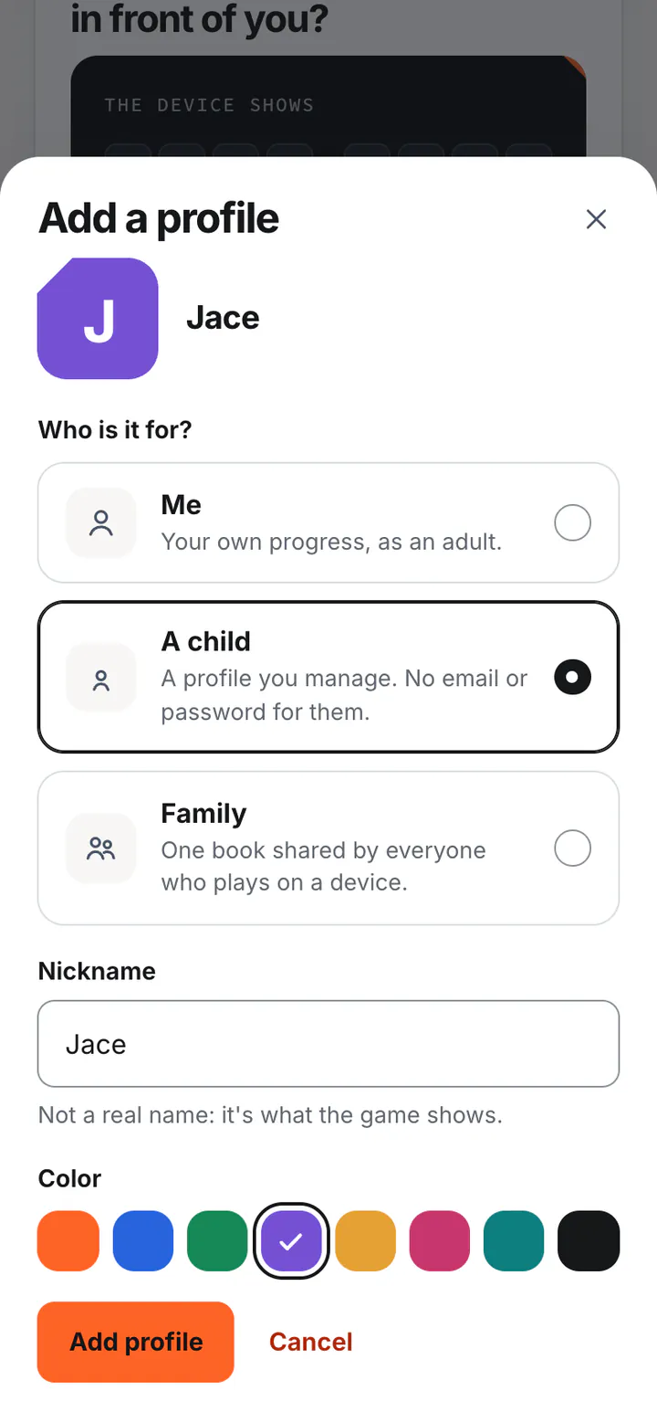 Add a profile: who it's for (Me, A child or Family), the nickname Jace, and eight colors to pick from