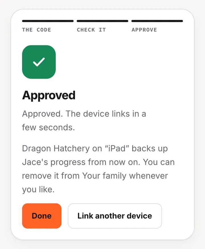 Approved, on the account site: the device links in a few seconds