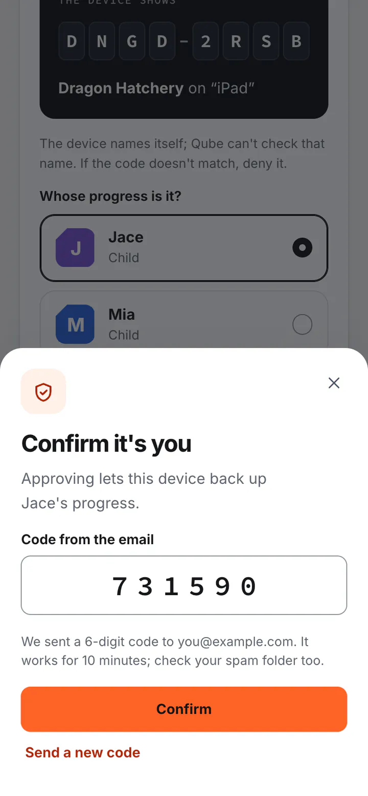 Confirm it's you: a box for the code from the email and a Confirm button