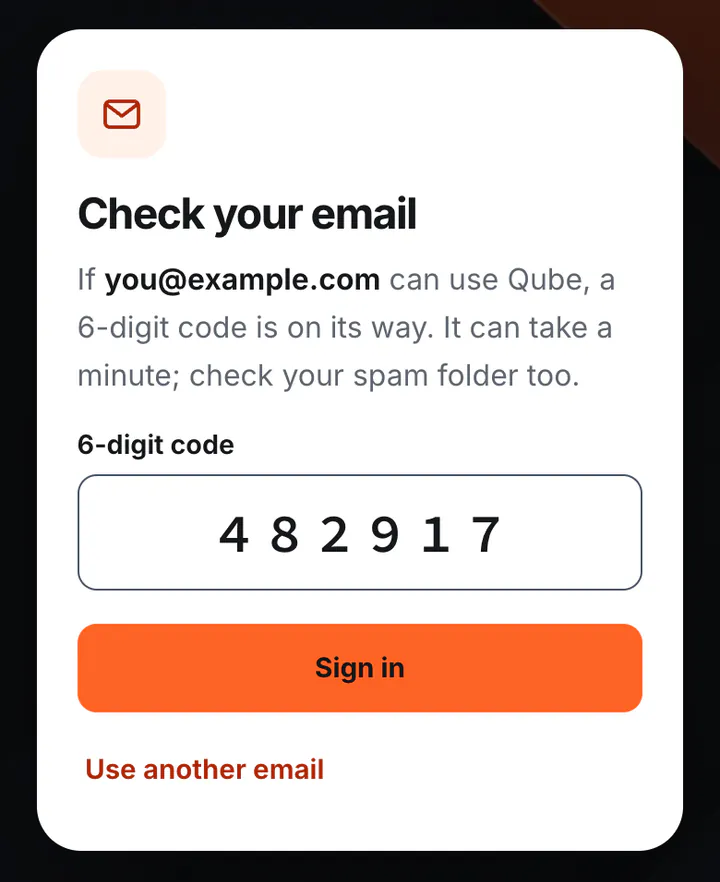 Check your email: a box for the 6-digit code and a Sign in button