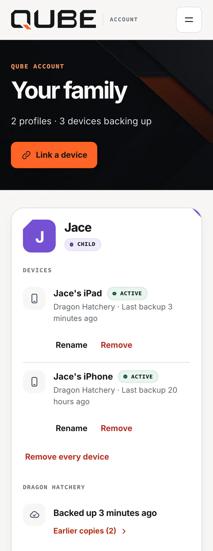 Your family: Jace's profile with two devices, the last backup of each, and Dragon Hatchery backed up 3 minutes ago