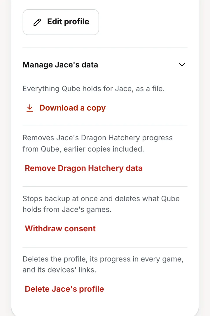 Manage Jace's data: Download a copy, Remove Dragon Hatchery data, Withdraw consent and Delete Jace's profile, each with a line saying what it does