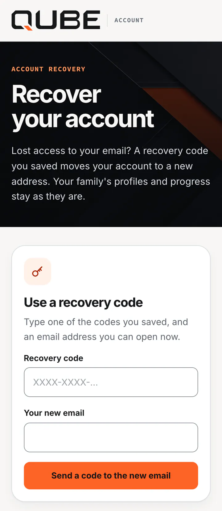 Recover your account: a box for a recovery code and one for your new email