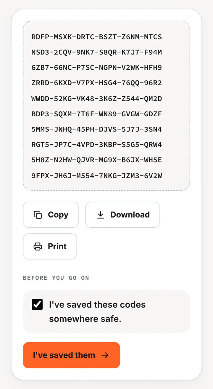 Ten recovery codes with Copy, Download and Print buttons, and a box to tick once they're saved