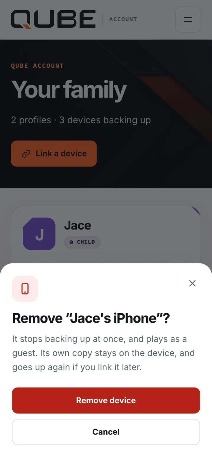 Remove Jace's iPhone? It stops backing up at once, with Remove device and Cancel buttons
